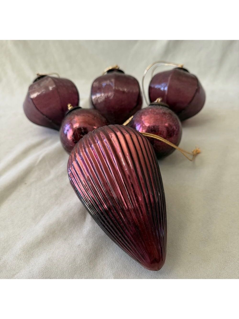 Purple Blown Glass Kugel Ball Christmas Ornament Set Of 6 - Picture 2 of 9